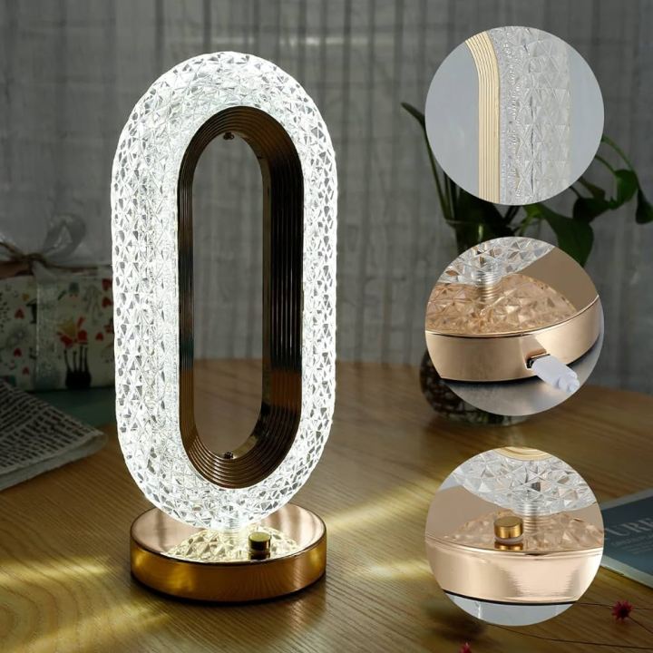 Rechargeable Luxury Oval Crystal Table Lamp – 3-Color Touch Control