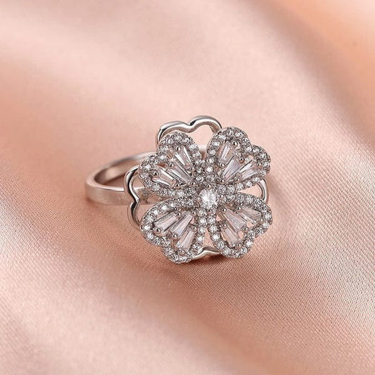 Radiant Four-Leaf Clover Statement Ring with Sparkling Petal Design