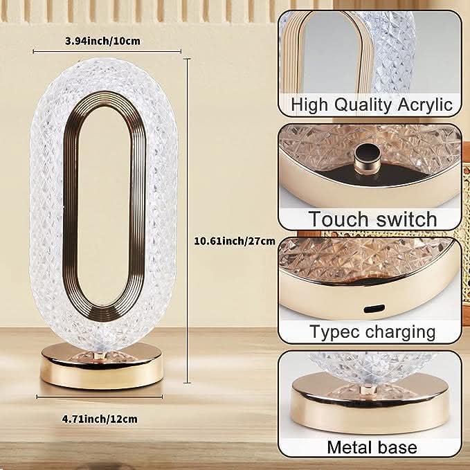 Rechargeable Luxury Oval Crystal Table Lamp – 3-Color Touch Control